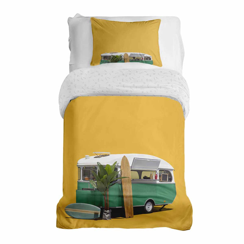 Set de ropa de cama con manta terapéutica amarillo con autobús