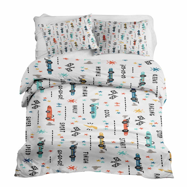 Juego de ropa de cama con manta terapéutica blanca con coches de carreras