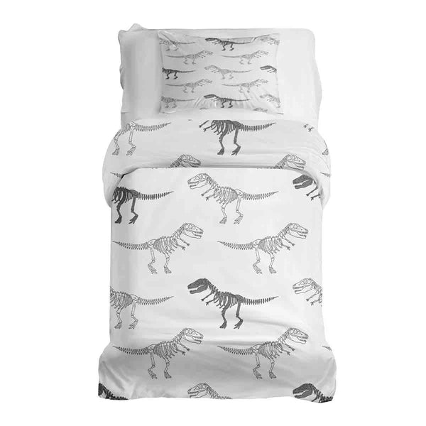 Juego de ropa de cama con manta terapéutica blanca con esqueleto de dinosaurio