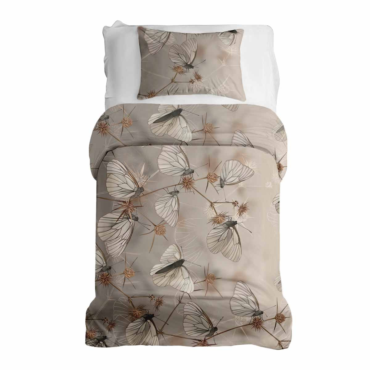 Juego de ropa de cama beige con mantas terapéuticas y polillas