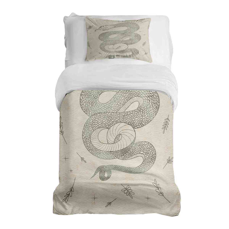 Juego de ropa de cama beige con manta terapéutica y serpiente