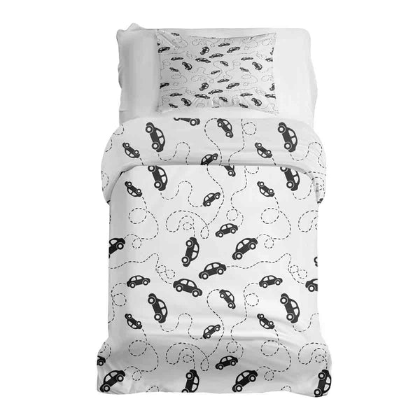 Set de ropa de cama con mantas terapéuticas y autos negros