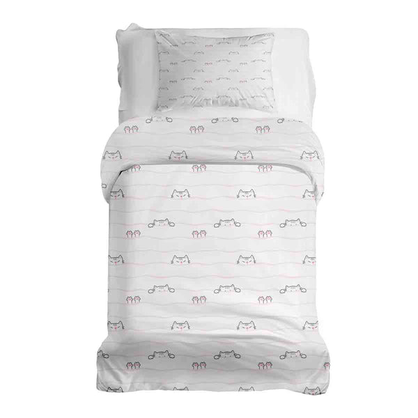 Set de ropa de cama con manta terapéutica blanca con pequeños gatos