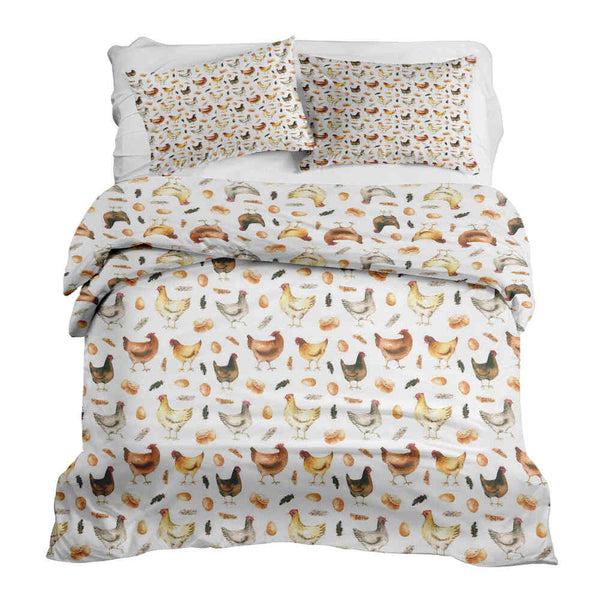 Set de ropa de cama con mantas terapéuticas blancas con gallinas
