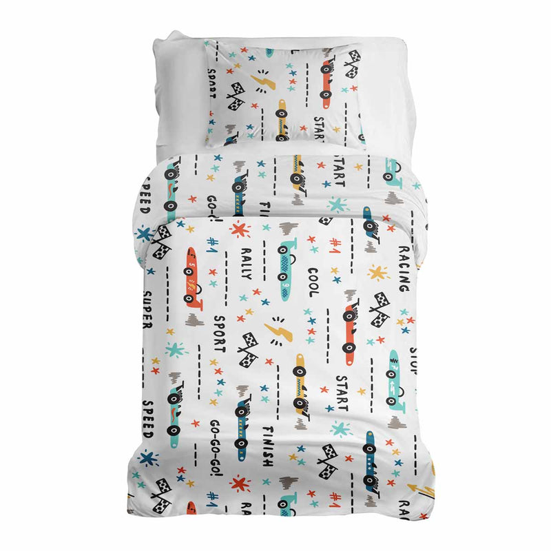 Juego de ropa de cama con manta terapéutica blanca con coches de carreras
