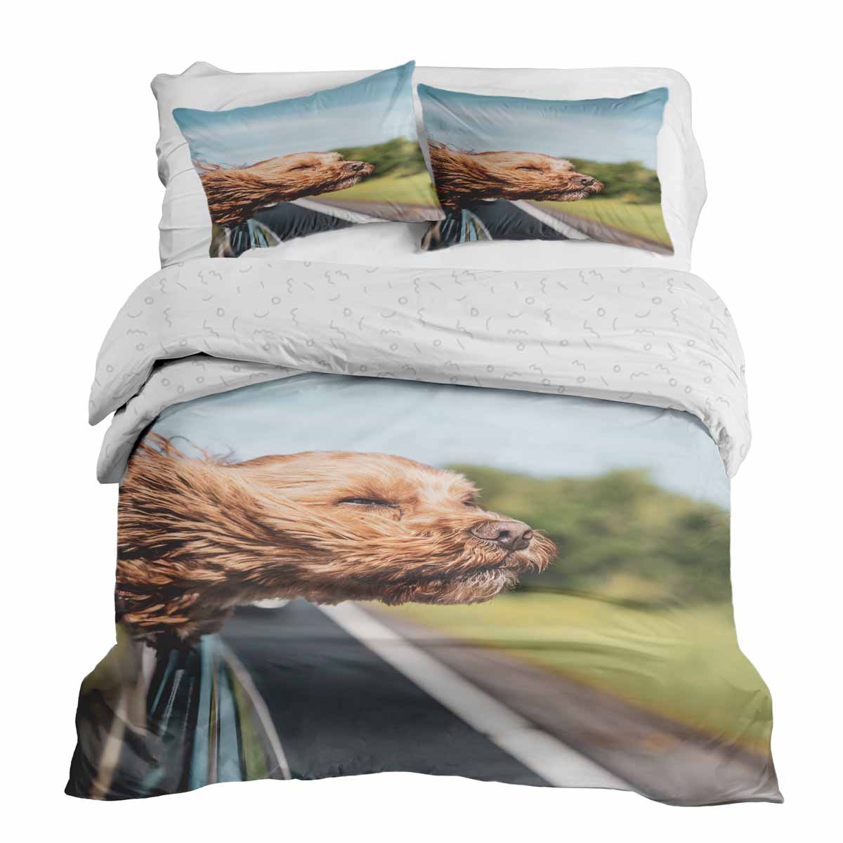 Juego de ropa de cama con manta terapéutica con perro en el coche