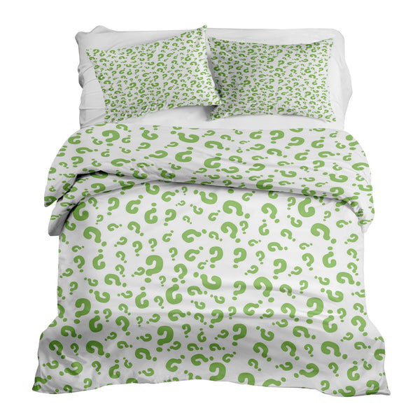Set de ropa de cama con mantas terapéuticas y signos de interrogación verdes