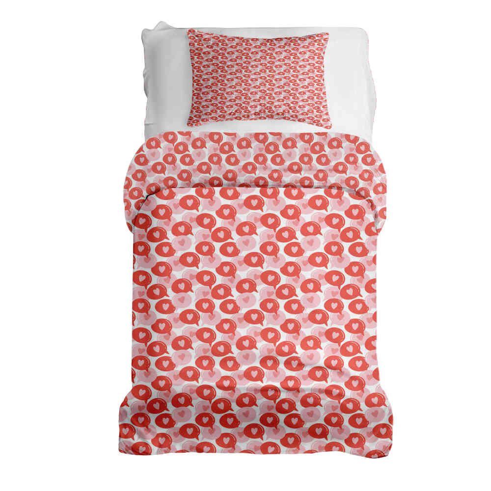 Set de ropa de cama con manta terapéutica y burbuja de diálogo con corazón
