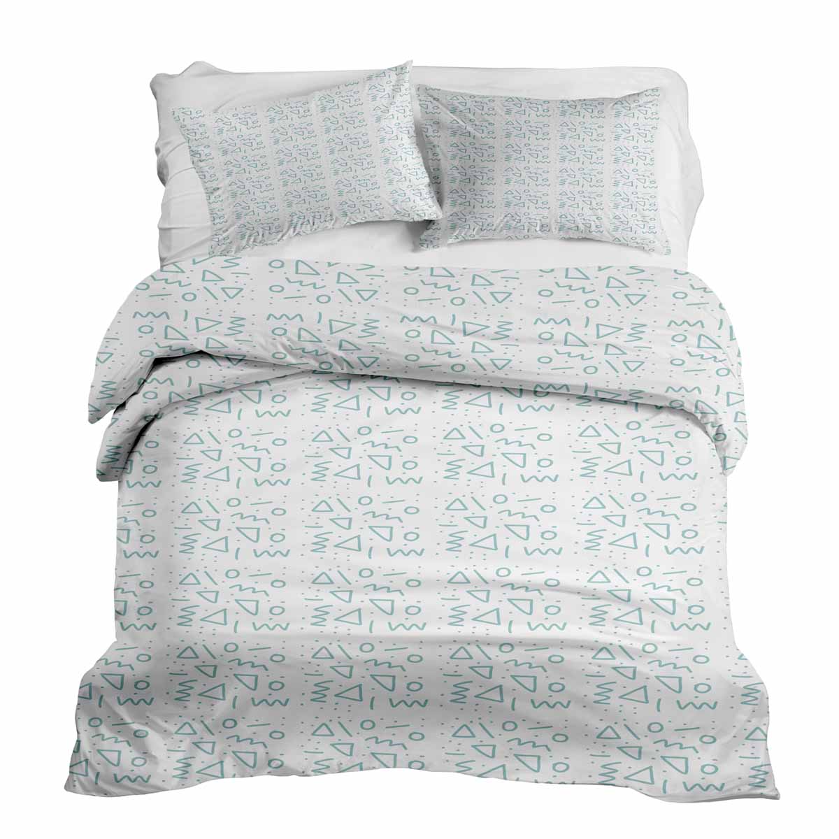 Set de ropa de cama con manta terapéutica blanca con formas azules
