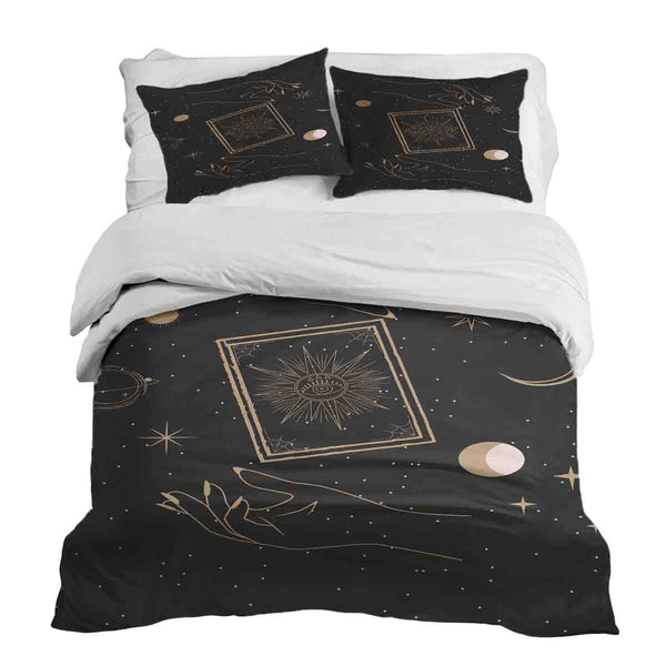 Juego de ropa de cama con manta terapéutica negro con sol, luna y estrellas