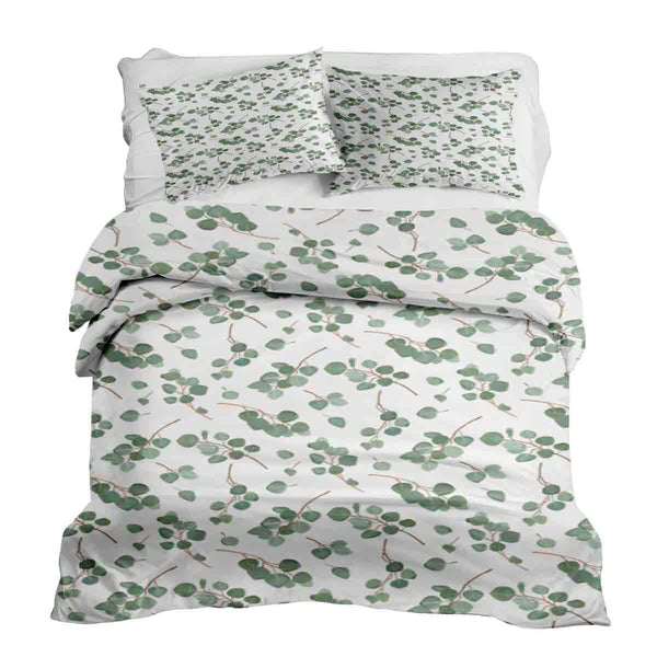 Juego de ropa de cama con mantas terapéuticas blancas con ramas de eucalipto
