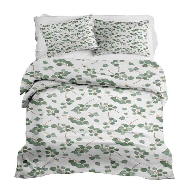 Juego de ropa de cama con mantas terapéuticas blancas con ramas de eucalipto
