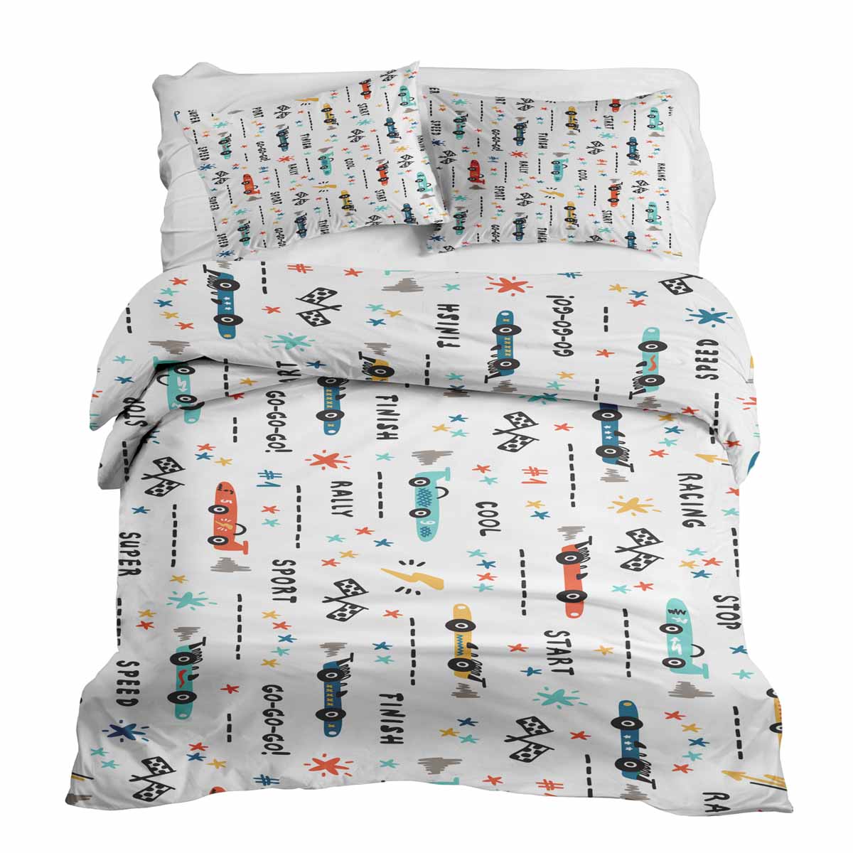 Juego de ropa de cama con manta terapéutica blanca con coches de carreras