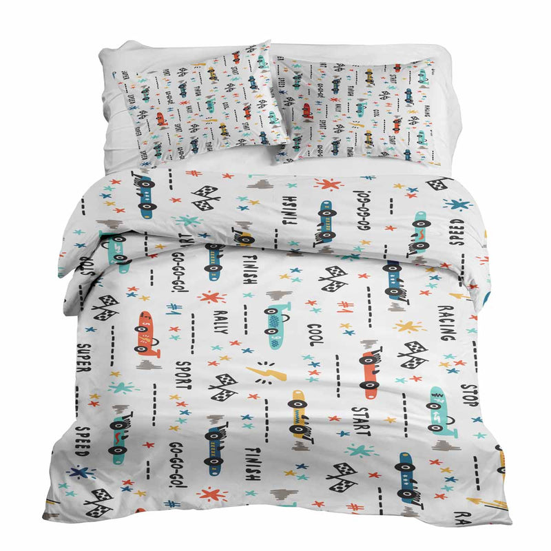 Juego de ropa de cama con manta terapéutica blanca con coches de carreras