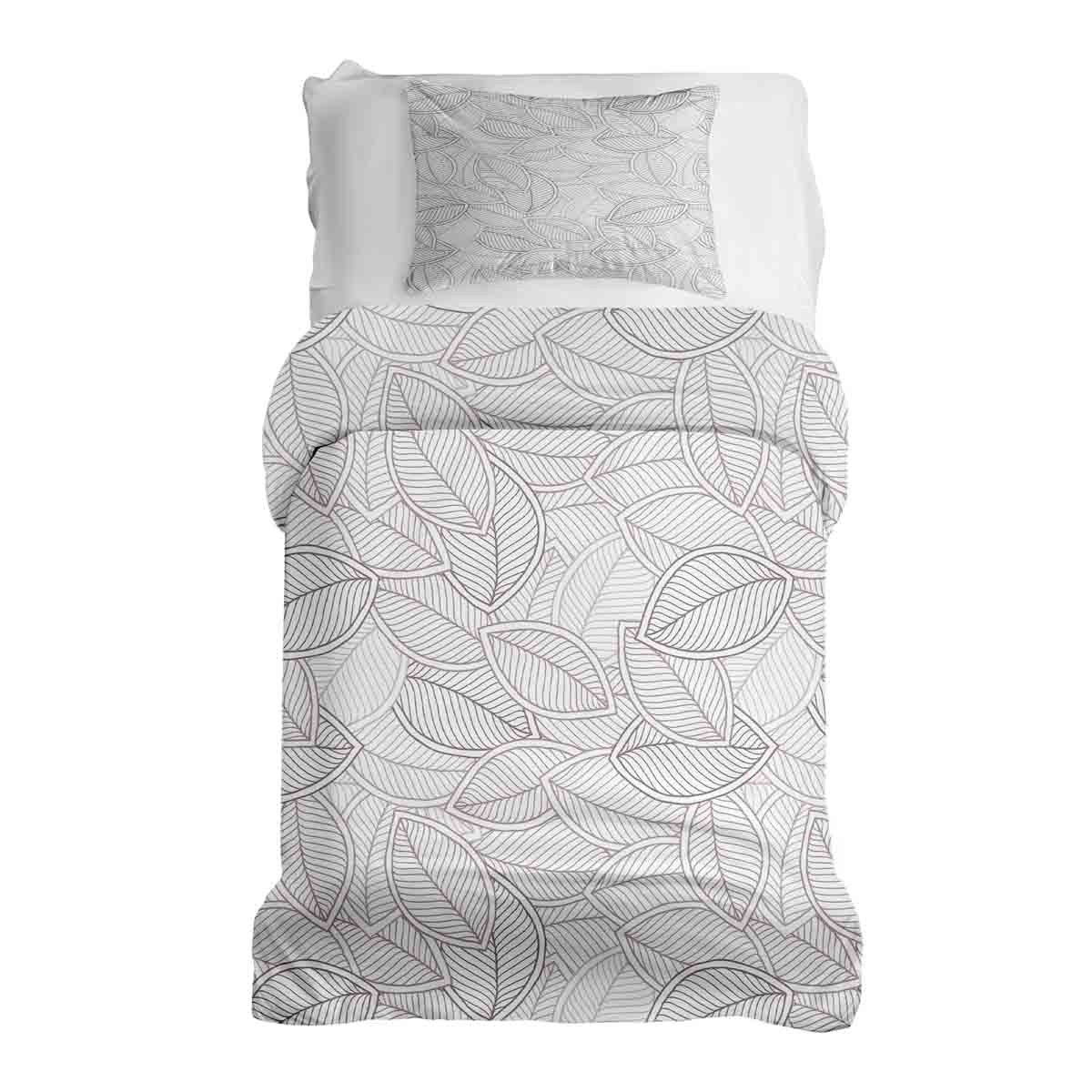 Set de ropa de cama con mantas terapéuticas y hojas de palma grises