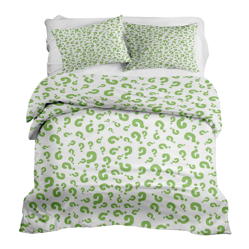 Set de ropa de cama con mantas terapéuticas y signos de interrogación verdes