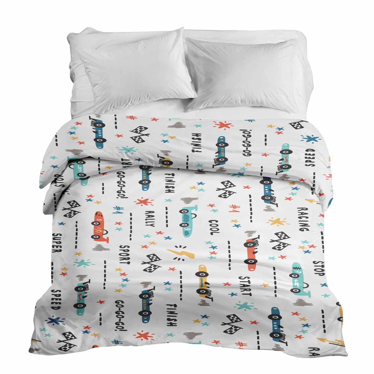 Manta terapéutica original - Funda de algodón blanca con coches de carreras