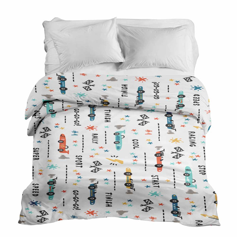 Manta terapéutica original - Funda de algodón blanca con coches de carreras