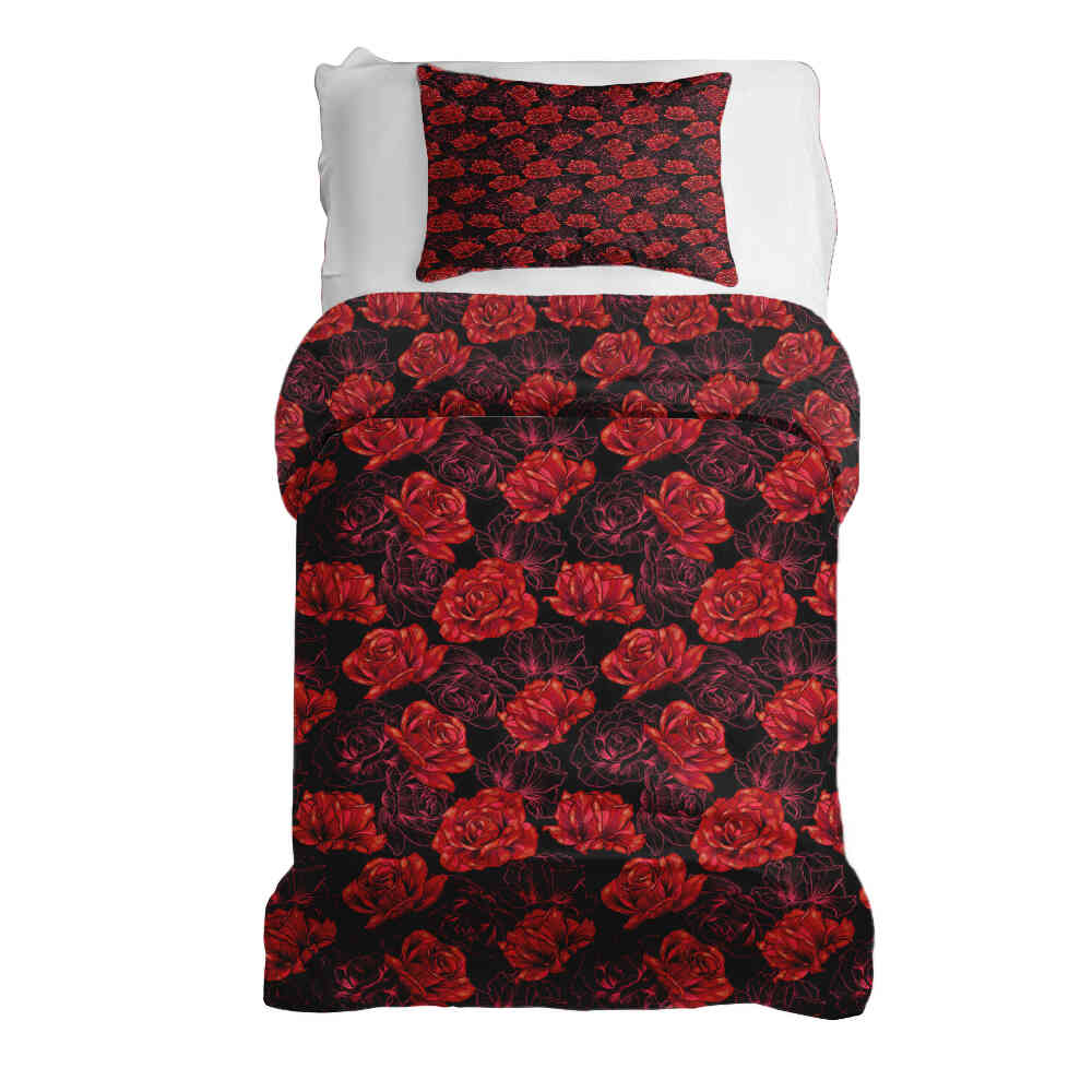 Juego de ropa de cama con manta terapéutica negro con rosas rojas