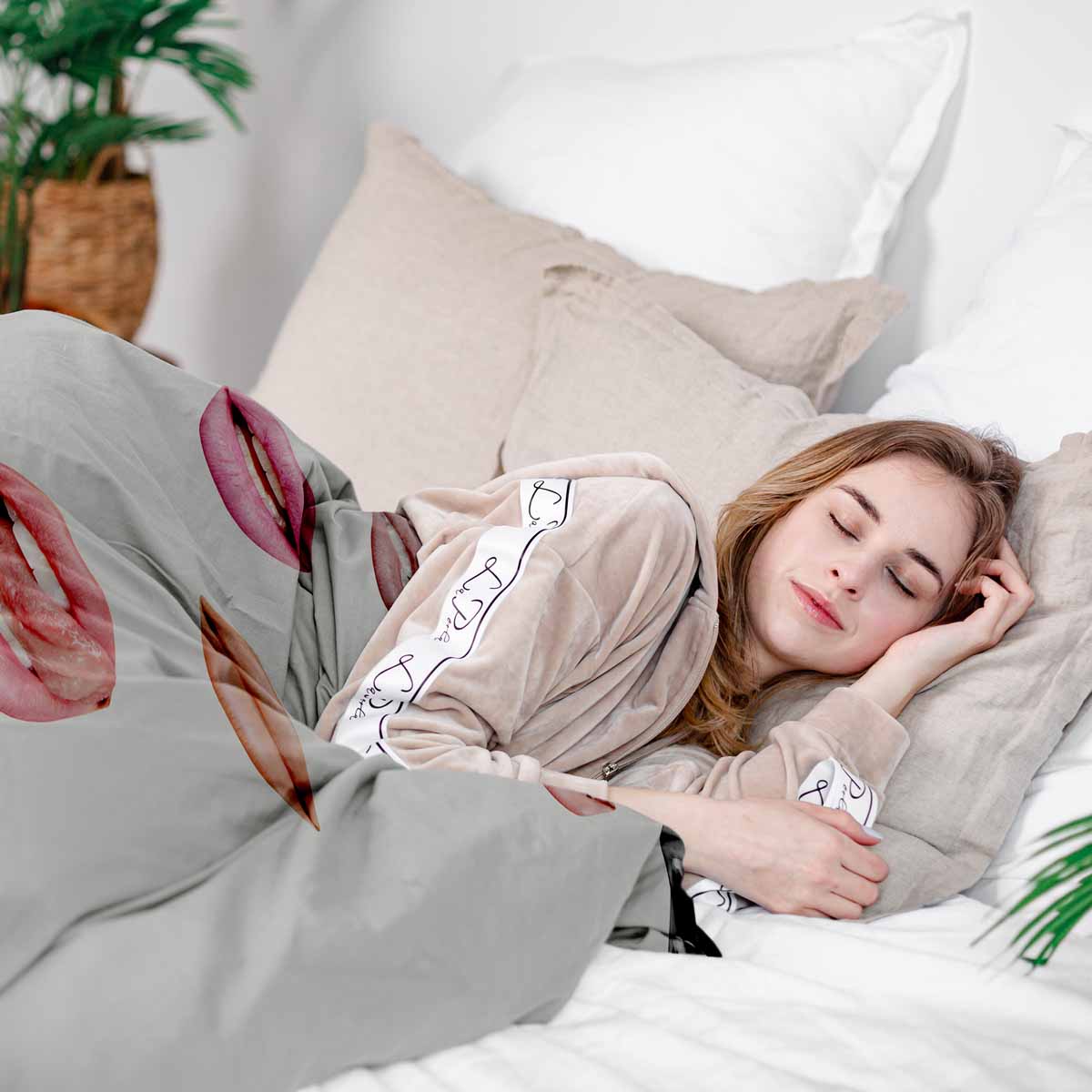 Set de ropa de cama con manta terapéutica blanca con labios