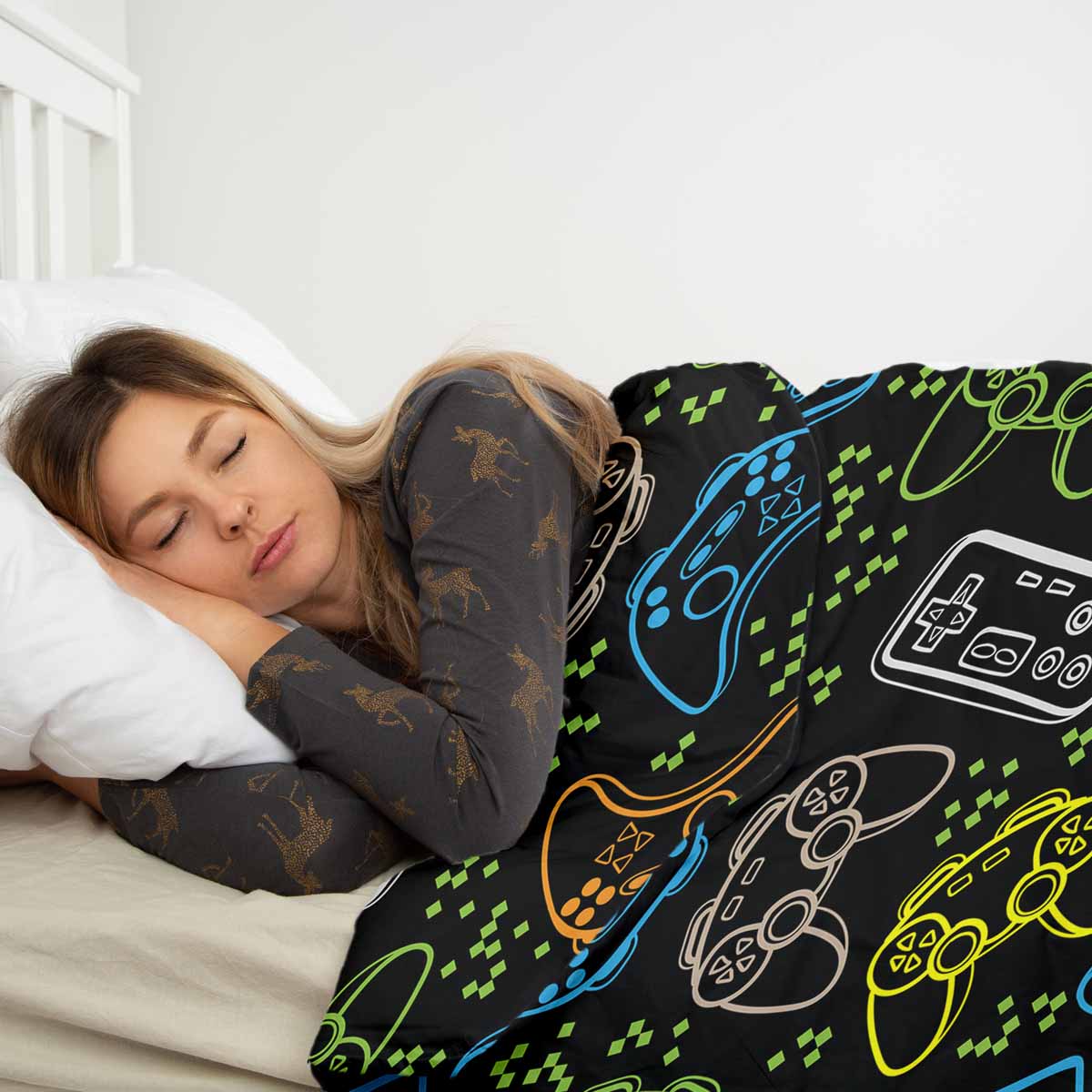 Juego de ropa de cama para terapia con mantas negro con consolas de juegos