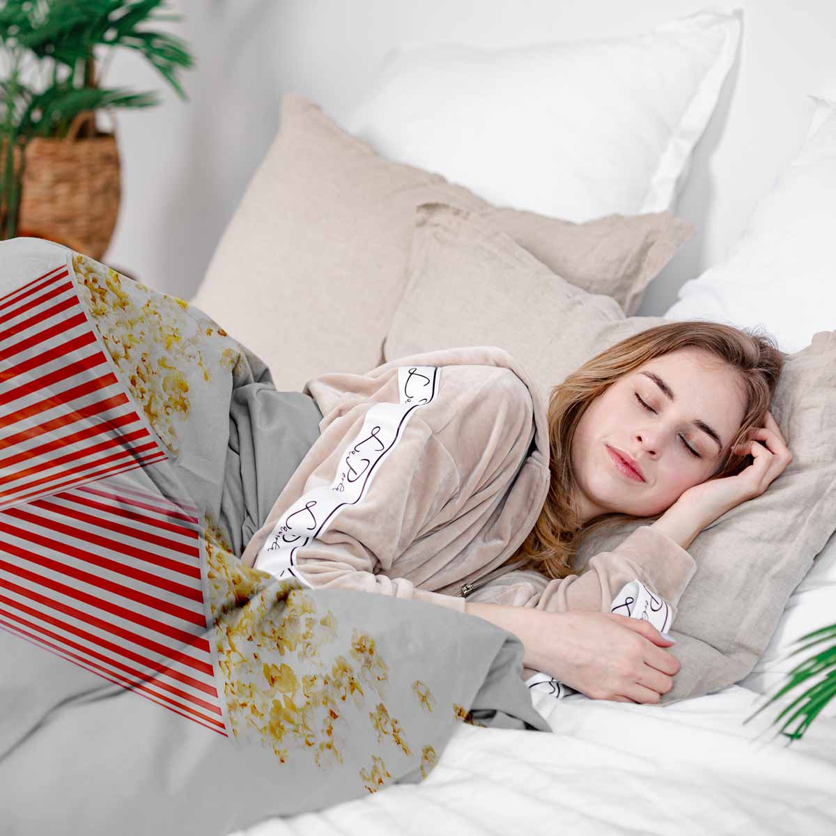 Juego de ropa de cama para terapia con manta blanca con palomitas de maíz