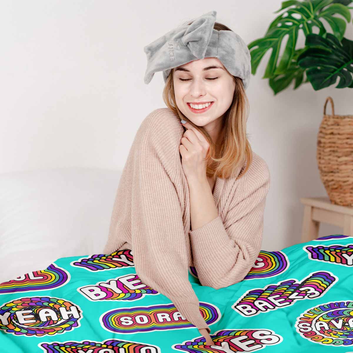 Set de ropa de cama con mantas terapéuticas turquesa con frases