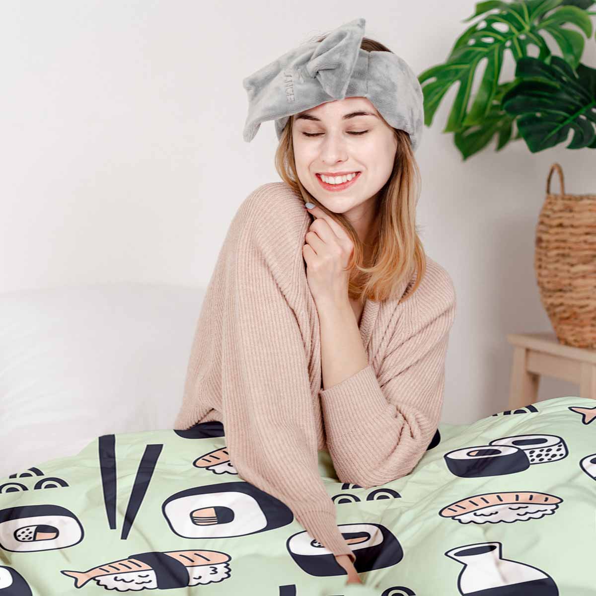 Set de ropa de cama con manta terapéutica verde claro con sushi