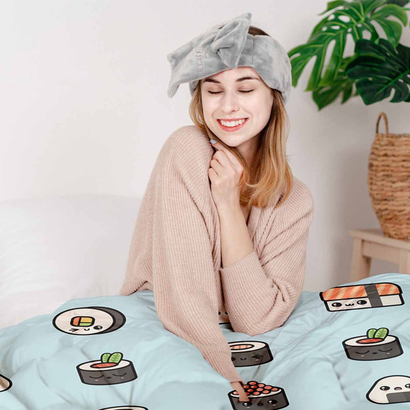 Set de ropa de cama con manta terapéutica azul claro con sushi