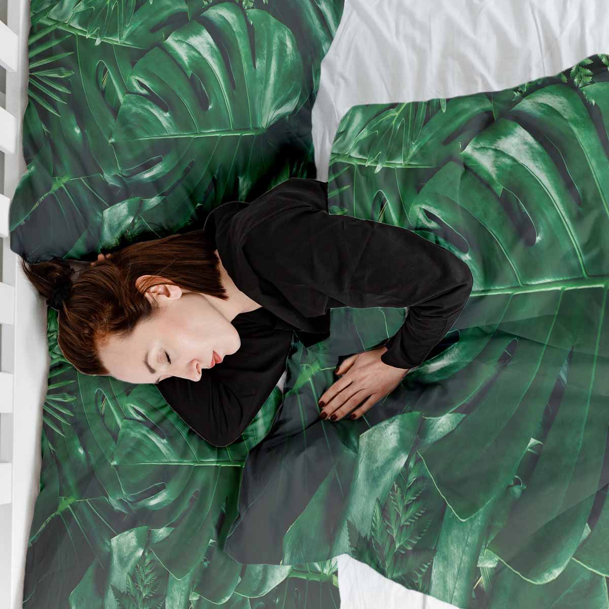 Set de ropa de cama con manta terapéutica y planta Monstera