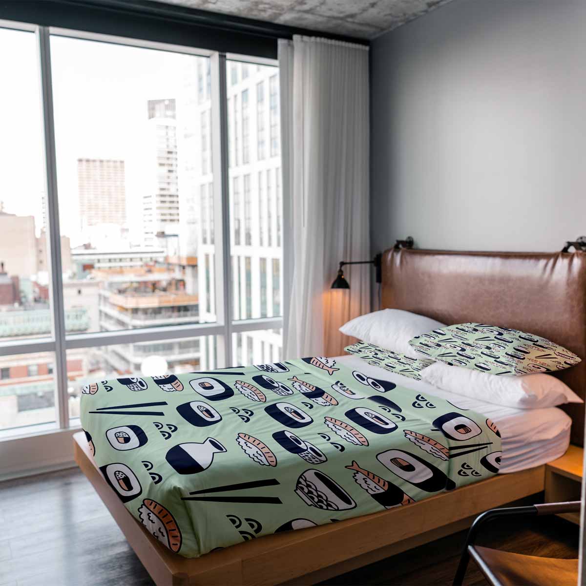 Set de ropa de cama con manta terapéutica verde claro con sushi