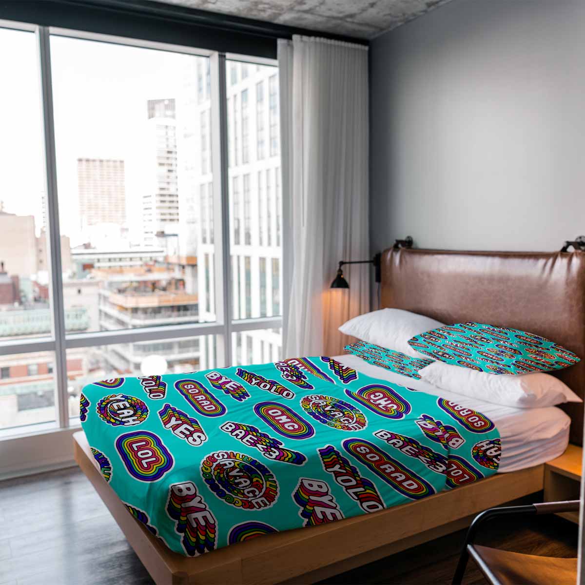 Set de ropa de cama con mantas terapéuticas turquesa con frases