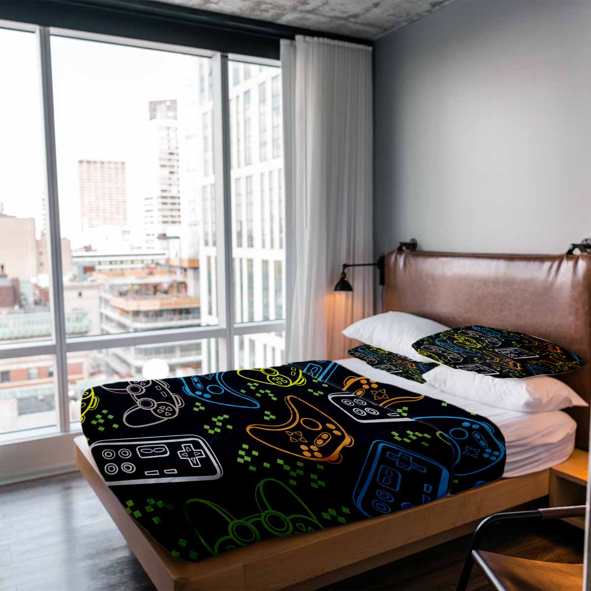 Juego de ropa de cama para terapia con mantas negro con consolas de juegos