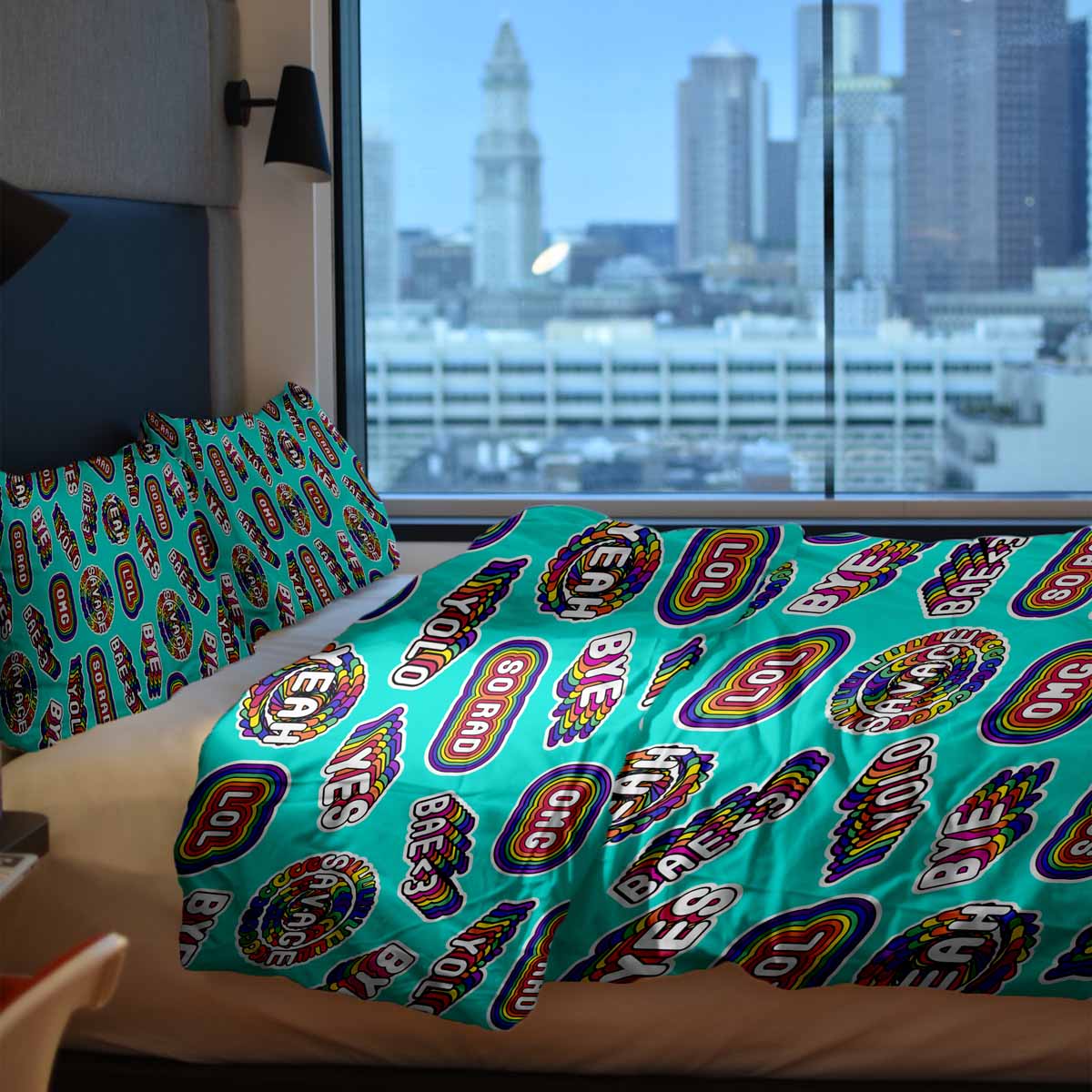 Set de ropa de cama con mantas terapéuticas turquesa con frases