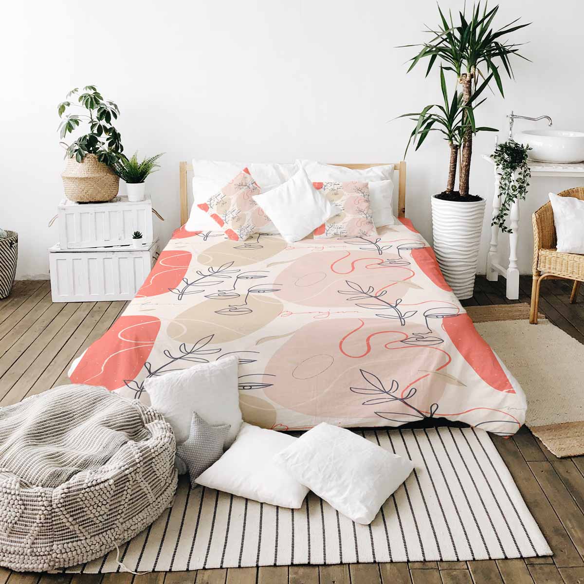 Set de ropa de cama con manta terapéutica beige con rostro abstracto