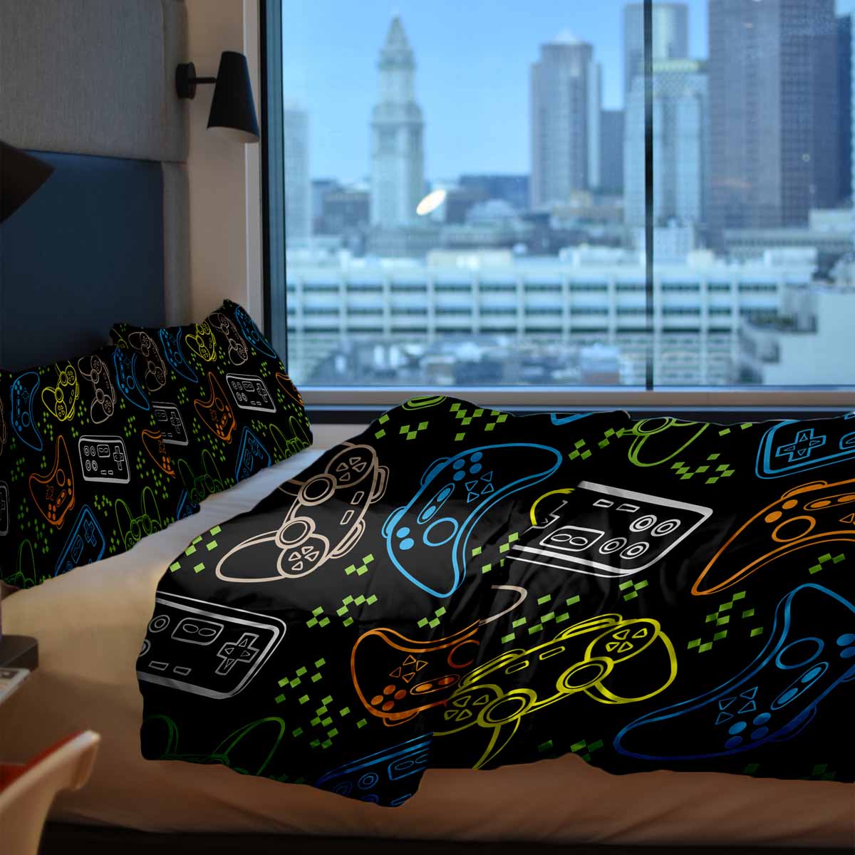 Juego de ropa de cama para terapia con mantas negro con consolas de juegos