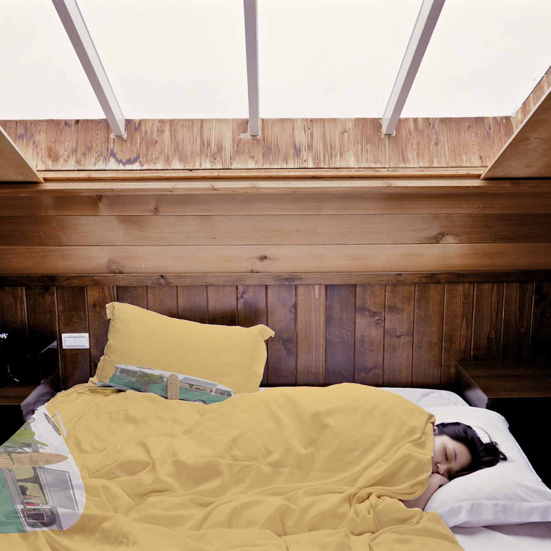 Set de ropa de cama con manta terapéutica amarillo con autobús