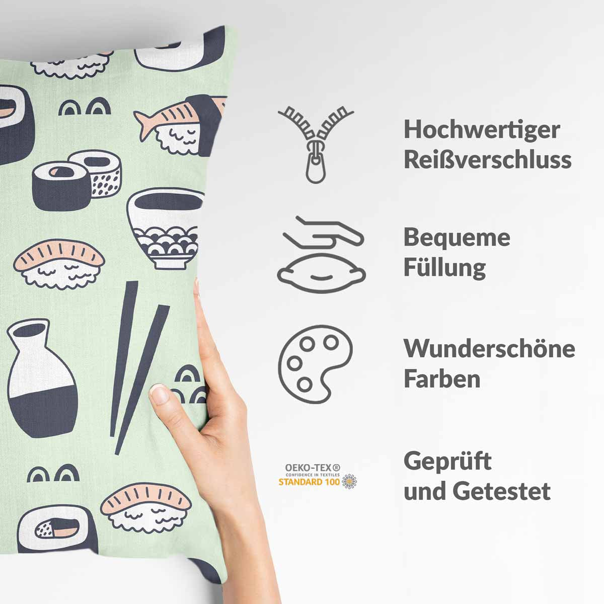 Almohada de salud verde claro con sushi