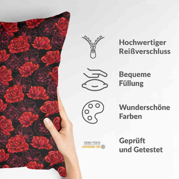 Almohada de salud negra con rosas rojas