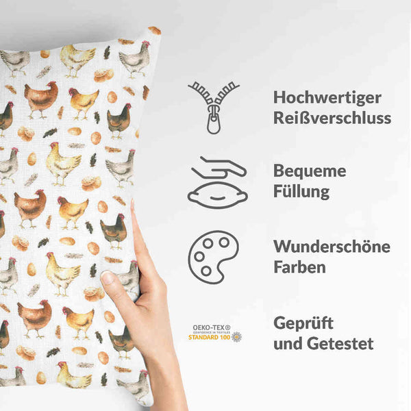 Almohada de salud blanca con gallinas