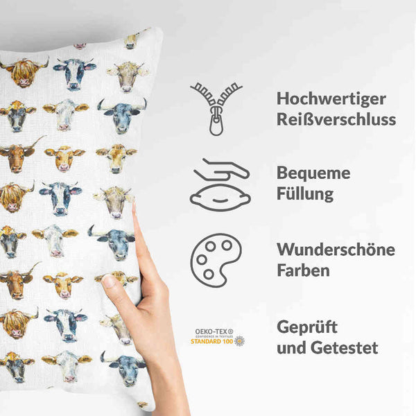 Almohada de salud blanca con cabezas de toro