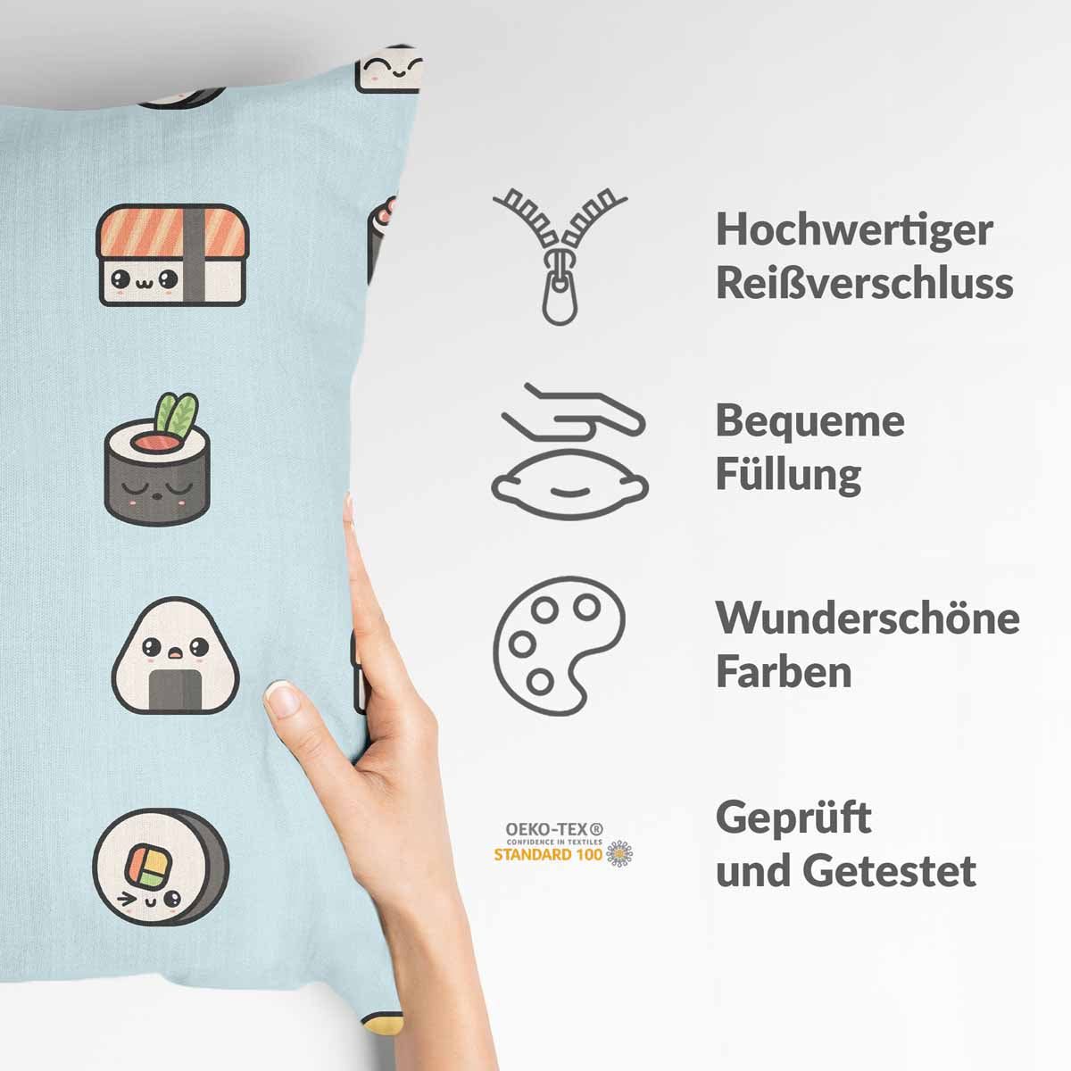 Almohada de salud azul claro con sushi