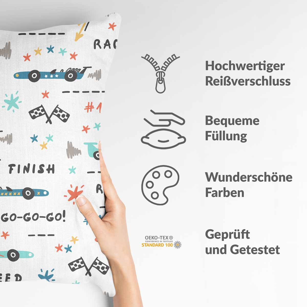 Almohada de salud blanca con coches de carreras