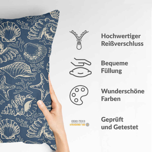 Almohada de salud azul con conchas