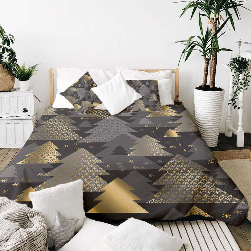 Set de ropa de cama con mantas terapéuticas y árboles de abeto dorados