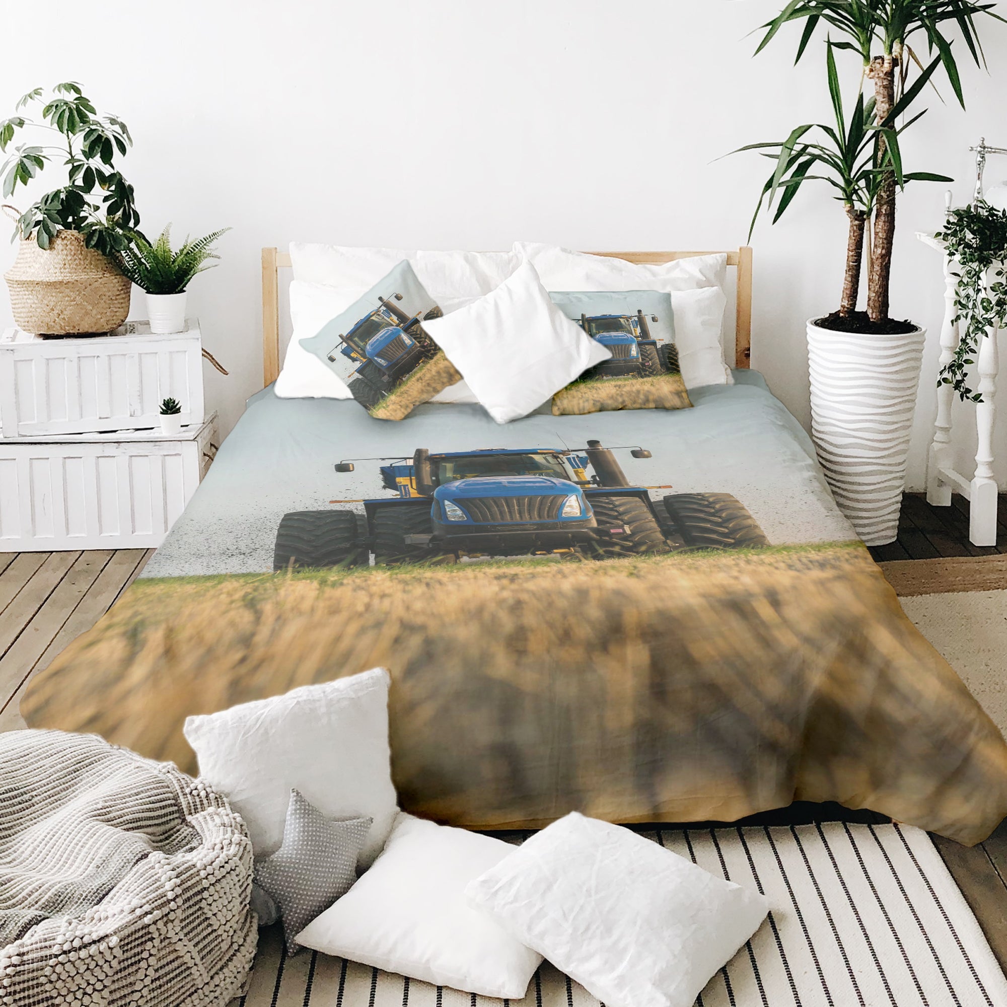 Set de ropa de cama con manta terapéutica tractor en azul