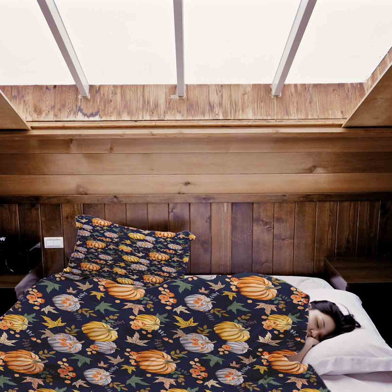 Set de ropa de cama con mantas terapéuticas azul con calabazas