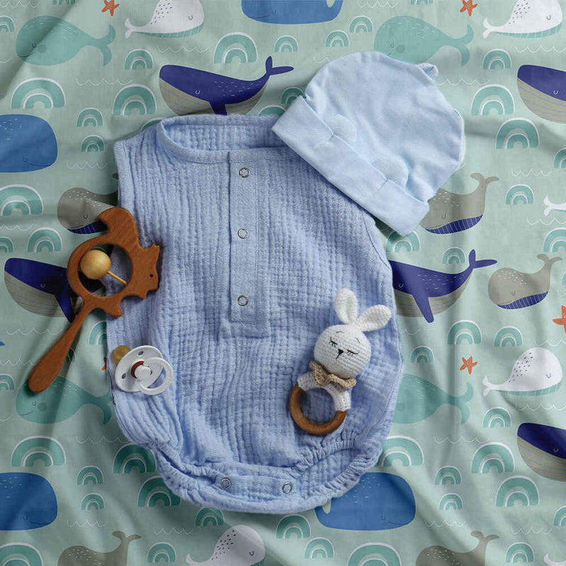 Set de ropa de cama con mantas terapéuticas verde con ballenas