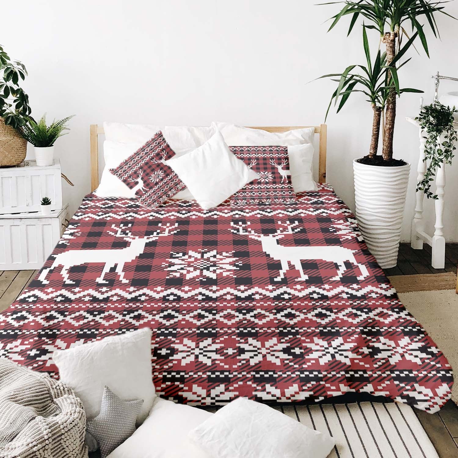 Juego de ropa de cama con manta terapéutica de cuadros con reno
