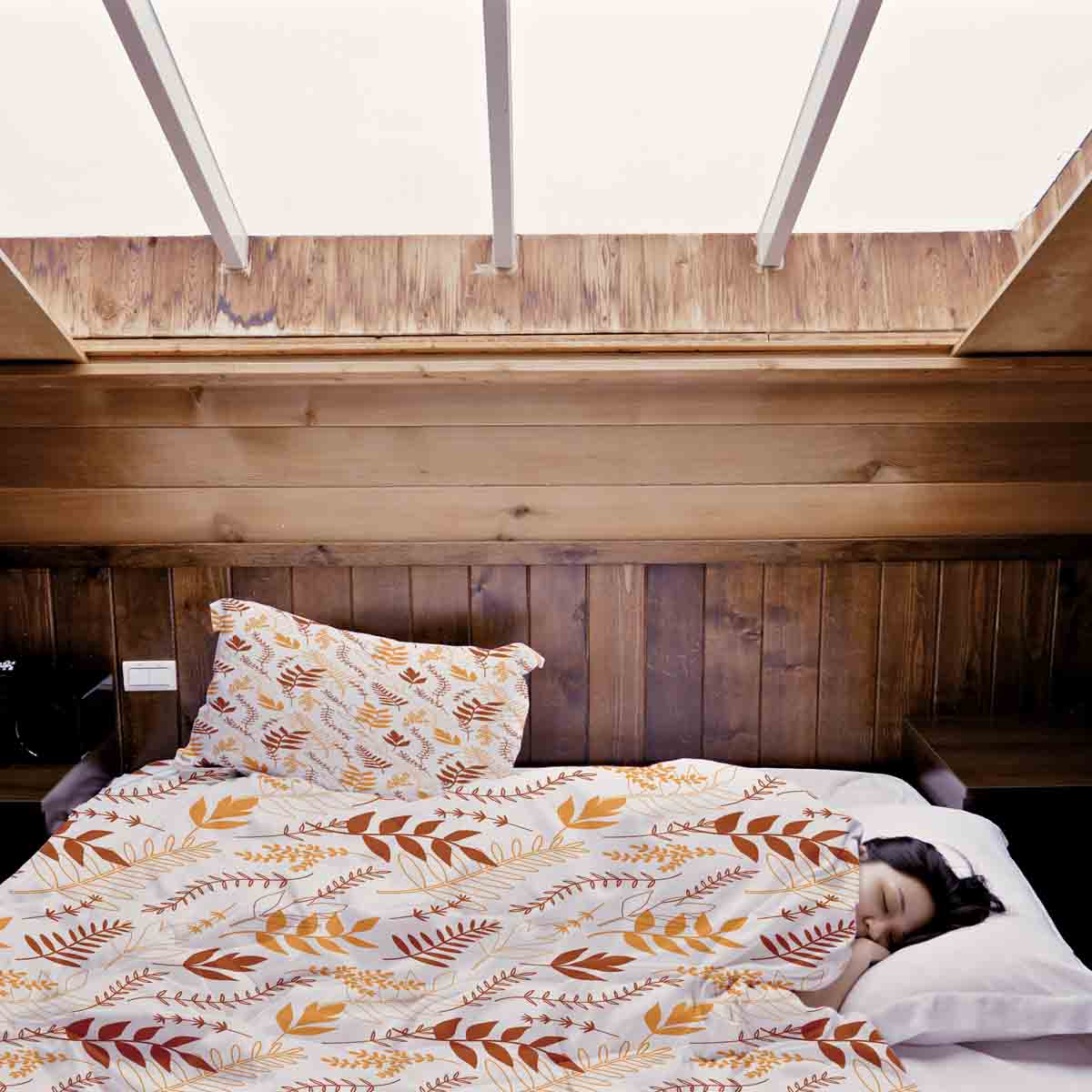 Set de ropa de cama con manta terapéutica blanca con ramas otoñales